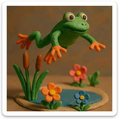 frog leaping above a pond with cattails and flowers, playful and colorful, claymation style sticker