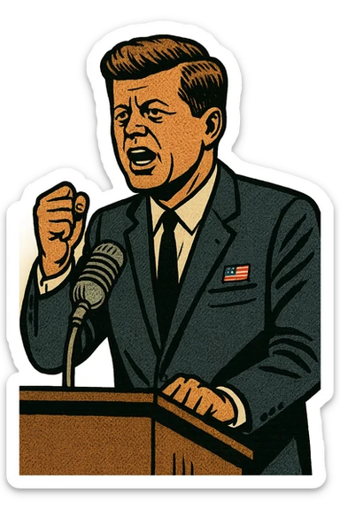 President Kennedy wearing a suit with a US flag badge making a speech standing behind a lectern with a 1960s microphone sticker
