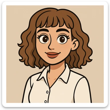 cartoonish AI avatar of a young woman, 22, brown eyes, light brown slightly curly shoulder-length hair with bangs, subtle makeup, white dress shirt sticker