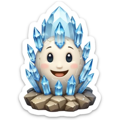 A single cute crystal rock character inspired by a clear quartz cluster, chunky round base with many tall transparent crystal spikes growing upward all around it with a face sticker