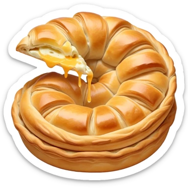 cinematic-realistic-flat burek-sa-sirom-dish-emoji,-showcasing-a-flaky-pastry-filled-with-cheese-rendered-with-crisp-textures-and-appetizing,-warm-lighting. round spiral sticker