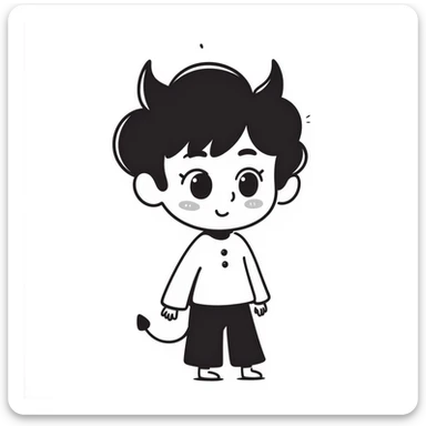 hand-drawn chibi demon with big innocent eyes, small pointy tail, and adorable expressive face sticker