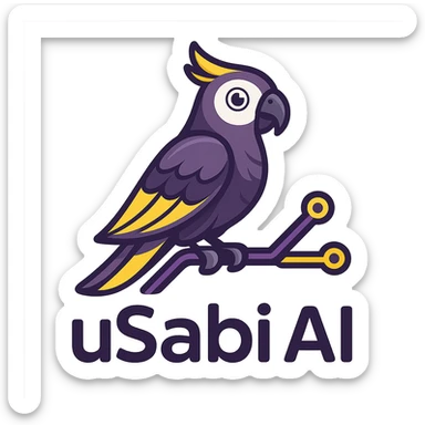stylized Nigerian parrot mascot for 'uSabi AI' perched on a digital branch with purple and yellow highlights, sleek, modern, and friendly style sticker