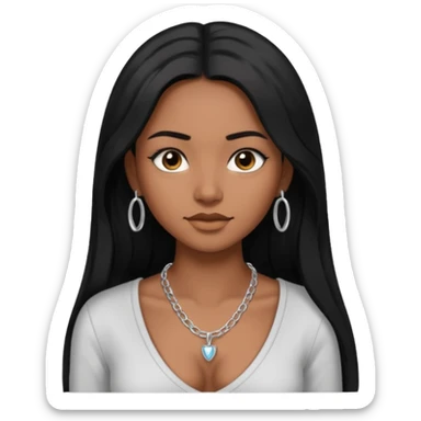 Brown skin girl with long black hair with 4 edges 2 on each side wearing a v-cut neckline shirt with a silver necklace sticker