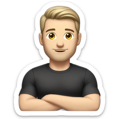 Pale skinned Fit Man With the biceps and dark brown hair in black shirt, gray sports shorts and white Sneakers Sitting on a chair sticker