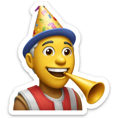 Create an yellow emoji featuring a person joyfully wearing a birthday hat and enthusiastically blowing a birthday whistle, capturing the festive spirit of celebration sticker