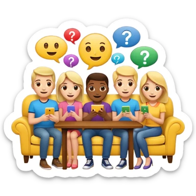 group of friends on couch playing a trivia game couch should be deep dark yellow color.  include a small wooden table in front of the couch as well.  Add smiling face emoji and question marks above their heads sticker