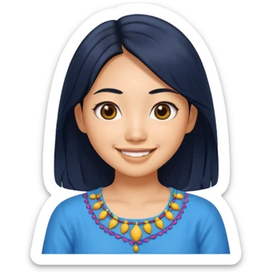 30 yr old asian woman center parted hair big eyes big smile tanned skin straight black hair hippie part hair blue blouse sticker