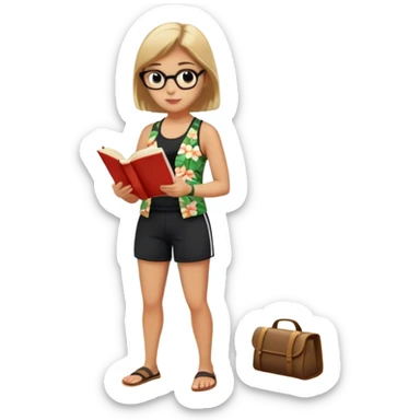 librarian at the beach with black shorts and hawaiin tank top reading a book sticker