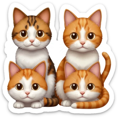 3 small cats each are different colours including a brown tabby and white, a patchy calico, and a ginger and white sticker