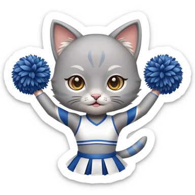 A cute chibi sleek grey cat cheerleader twirling pom-poms with confident energy. sticker