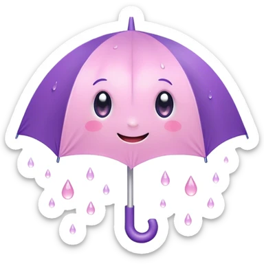 Cute Kawaii Umbrella, small and cute, soft pastel pink and purple, tiny rain droplets smiling down, a chubby round handle, big sparkling eyes full of joy! sticker