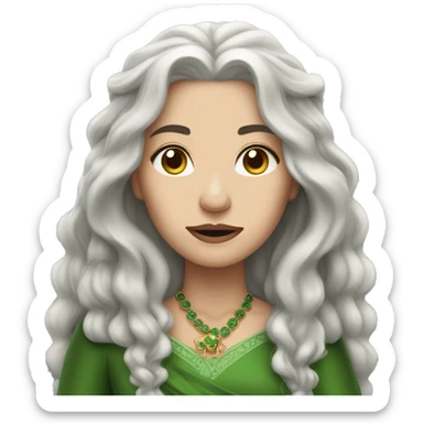 Irish Queen with light skin long gray hair and a criwn sticker