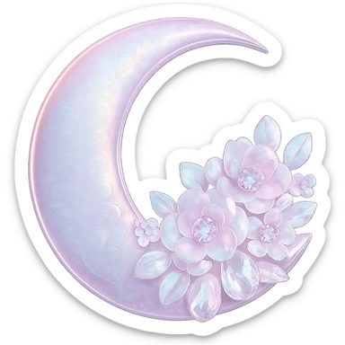 glossy Pastel iridescent floral shiny crystal crescent damask moon, remove background sticker