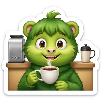 Cut the Rope's Om Nome in barista's suite with a cup of cofee sticker