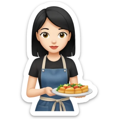 waitress with black hair and a food plate with a black tshirt and ª jeans apron sticker
