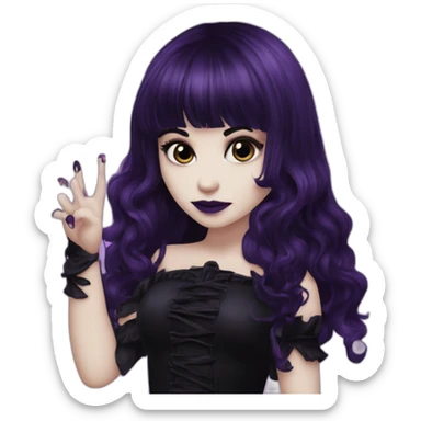 Elissabat -with bangs -long-hair-dark-plumpurple-and-black-vampire-goth-makeup-pinkeyes-romanticgothcloses-do a midele finger sticker