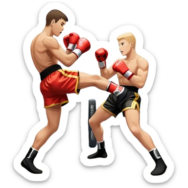 An icon showcasing a high-energy kickboxing match. Two fighters in action, one delivering a powerful roundhouse kick while the other defends with gloves raised. The background features a professional ring with bright lights and a cheering crowd. Transparent background. sticker