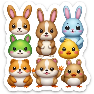 Cute funny animal stickers: chubby dog, grumpy cat, silly bunny, peace-sign frog, chick with drumstick. Colorful cartoon, big heads, kawaii faces, white outline, transparent background. sticker