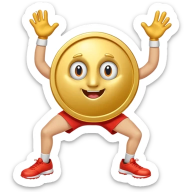coin mascot with eyes, mouth, arms and legs. playing sports sticker