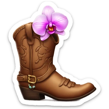 Brown cowgirl boot vase with orchid sticking out of it sticker