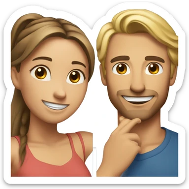 Woman and man smiling, woman has straight Brown hair in a ponytail, slightly sunkissed skin, man has blonde long hair in a ponytail, slightly sunkissed skin sticker