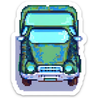 side view of a truck, green and blue colors, pixel art style sticker