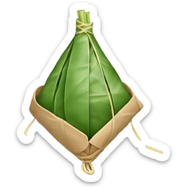 A traditional Chinese zongzi, wrapped , in a triangular shape. The zongzi is wrapped by bamboo leaves and tied with a string.  sticker