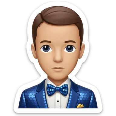 Fred Astaire with brown hair, dark blue sequin suit with bow tie sticker
