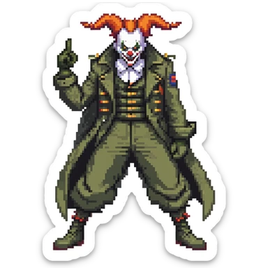 evil clown soldier, bald, small black horns on forehead, fangs, pointed ears, eye patch over one eye, long coat over black and military green clothes with bellbottom pants, tail, realistically proportioned, less bulky, full body, fighting stance sticker