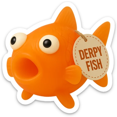 Make the Derpy Fish bright orange with a similar level of color and transparency as the provided reference images. Keep it somewhat transparent, not too transparent, with a retro 90's toy look. The fish should have derpy eyes, appear soft plastic, soft reflections, soft and squishy texture, some cloudiness, not shiny, highly detailed, and appealing. Include the 'DERPY FISH' tag. No background. Match the color and transparency to the reference images as closely as possible. sticker