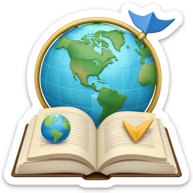 Create an emoji representing language translation. The design should feature an open book or a document with text in multiple languages (e.g., English, Spanish, Chinese), and a translation icon (such as an arrow between two languages) to symbolize the process of converting text. Include elements like a globe or a speech bubble to represent global communication. Use clear, simple lines and a color palette with blues, greens, and subtle neutral tones to convey the idea of clarity and understanding. Make the background transparent. sticker
