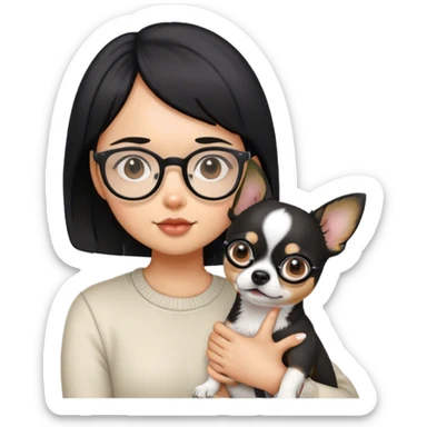 girl whit short black hair wear glasses and hold a chihwahwa dog sticker
