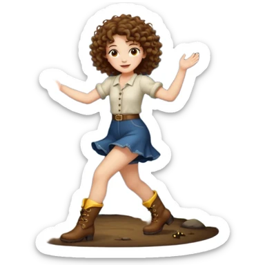 full body woman short curly brown mullet hair brown eyes white skin dancing with fireflies around boots sticker