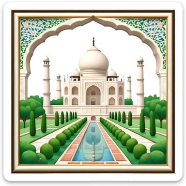 Cinematic Realistic Taj Mahal Landmark Emoji, depicted as the iconic marble mausoleum set amidst lush gardens rendered with intricate detail and ethereal, soft lighting. sticker