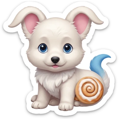 a shy but friendly white puppy with long ears that let him fly, blue eyes, pink cheeks, and a tail shaped like a cinnamon roll sticker