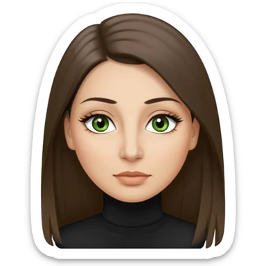 40 year old Adult woman avatar, light skin tone, oval face, long straight ashy brown hair, green almond-shaped eyes with dramatic eyelashes and minimal eyeliner, neutral mouth, medium straight eyebrows, small nose, smooth skin sticker