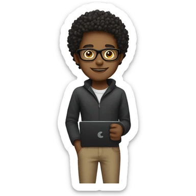 young curly guy with black glasses and laptop sticker