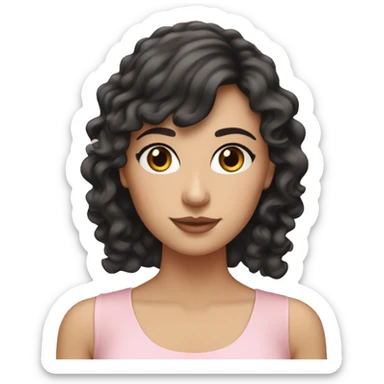 White woman with long black curly hair and bangs and dark brown eyes, wearing a pastel pink dress sticker