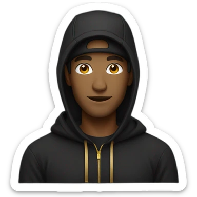 Man in cap and black hoodie with gold text sticker