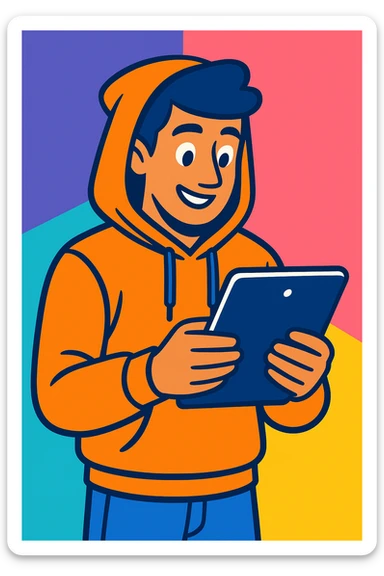 a man wearing a hoodie holding an iPad, modern illustration, vibrant toon style sticker