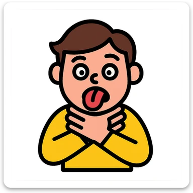 person pretending to choke themselves in a slapstick, exaggerated way, silly face, tongue out, comical hands on neck, vibrant colors sticker