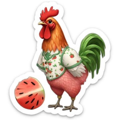 A COCKEREL IN AN EMBROIDERED SHIRT WITH A WATERMELON IN HIS HANDS sticker