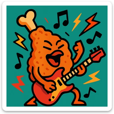 fried chicken with rock music elements like guitar and music notes, energetic style sticker