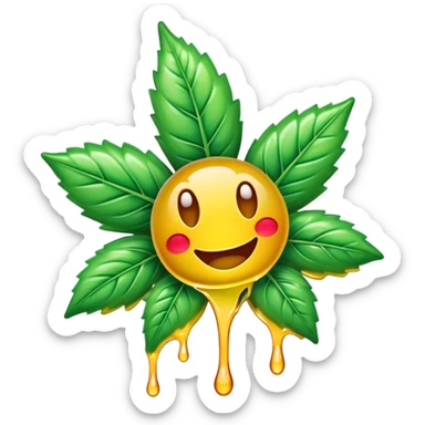 generate an emoji-style image of a juicy gummy shaped like a marijuana flower, make it colorful and with liquid dripping out sticker