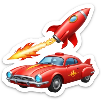 car with a rocket engine on the trunk with fire coming out of it sticker