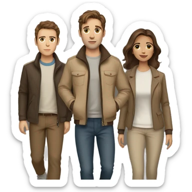 Couple with brown hair and beige jackets and brown pants outfit on a late night walk with a jack russell terrier sticker
