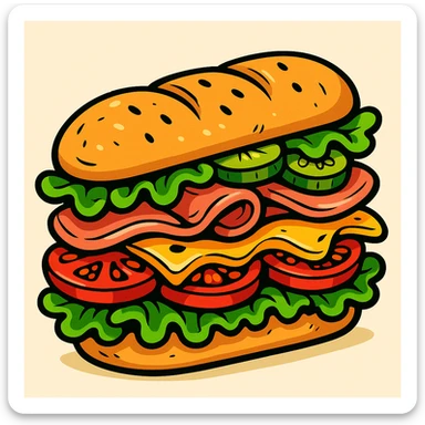 a cartoon-style submarine sandwich with exaggerated layers of ingredients, playful and bold style sticker