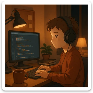 a boy with headset, focused on coding, cozy desk setup with coffee mug and ambient lighting, warm and comfortable atmosphere sticker