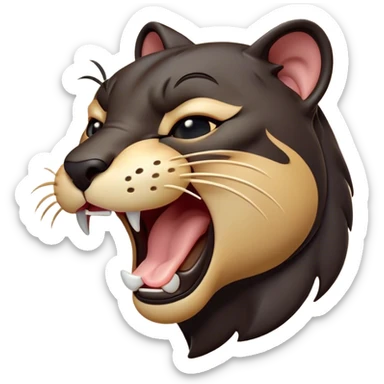 Cinematic Cute Yawning Panther Portrait Emoji, Head tilted slightly with a dramatic, wide-open yawn, showcasing a sleek, shadowy form with drowsy, half-closed eyes and a relaxed, open expression, Simplified yet irresistibly adorable features, highly detailed, glowing with a soft, cozy dark glow, high shine, relaxed yet expressive, stylized with a dash of whimsical elegance, soft glowing outline, capturing the essence of a drowsy yet affectionate jungle guardian that appears ready to stretch out for a nap! sticker